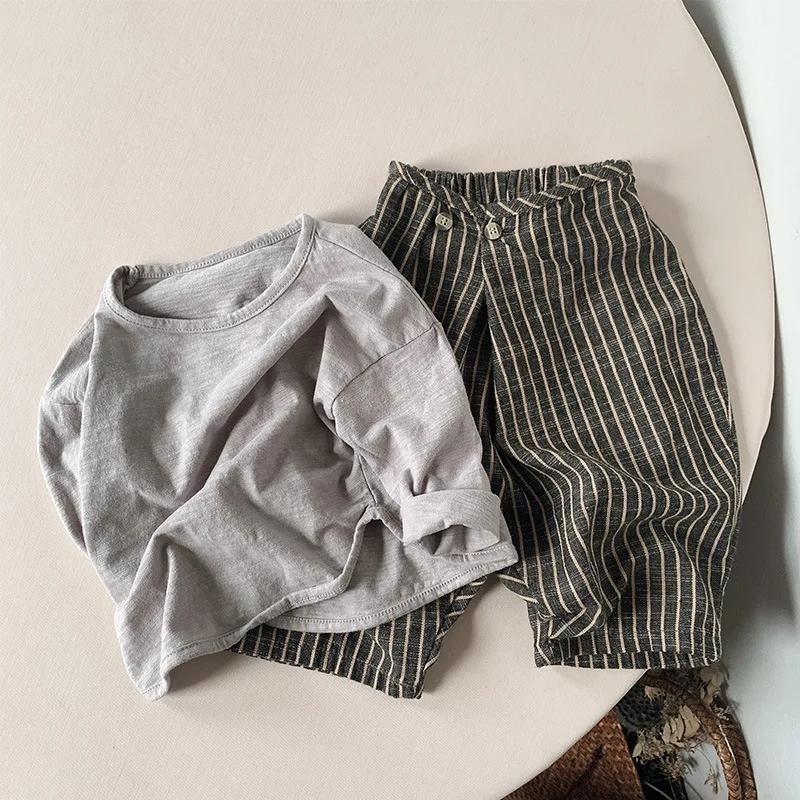 Pantalon rétro rayé en coton et lin pour enfants, pantalon large décontracté japonais, garçons et fi