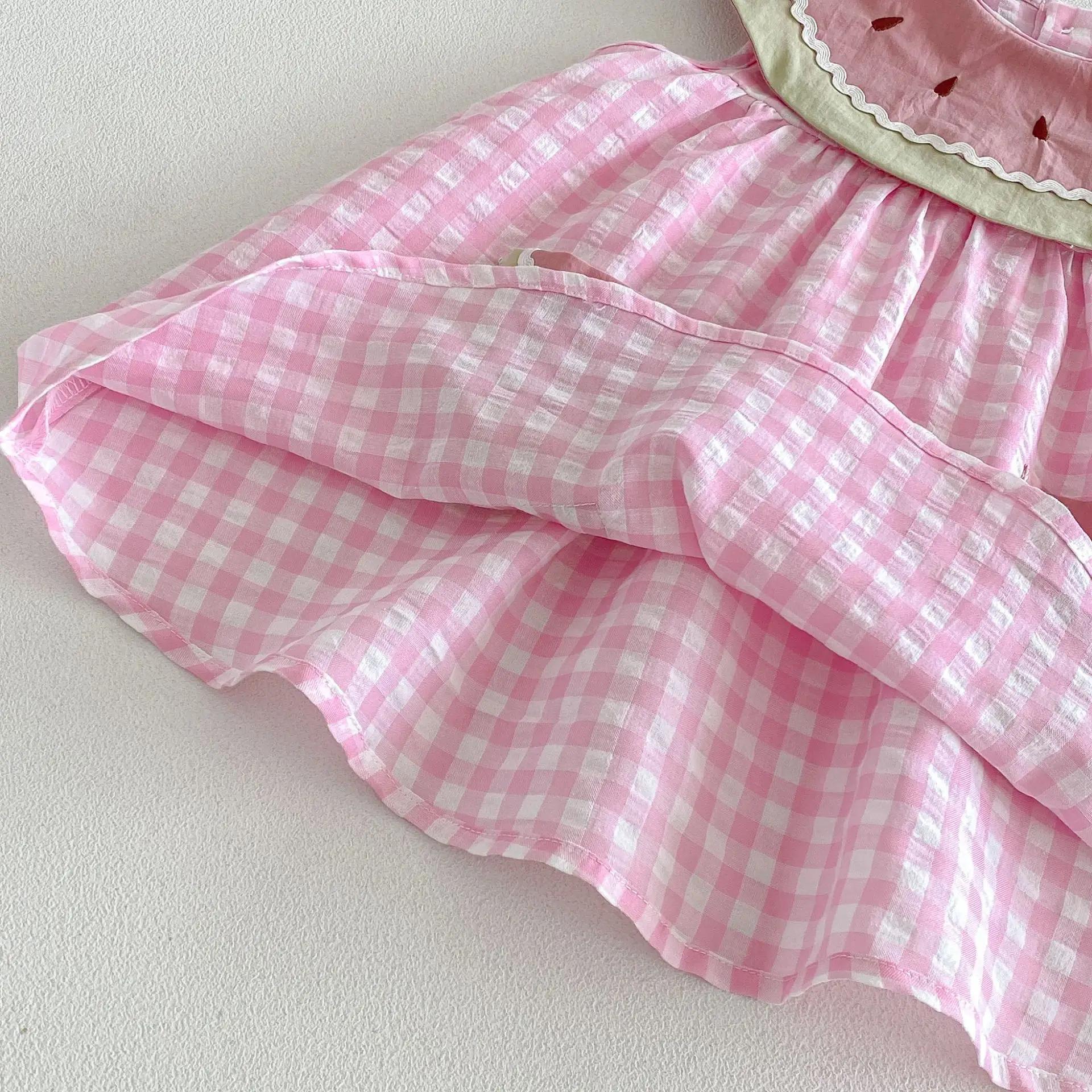 Nouvelle Robe d'été 2026 pour Enfants, Style Doux, Rose à Carreaux Pastèque, Sans Manches, Légère, V