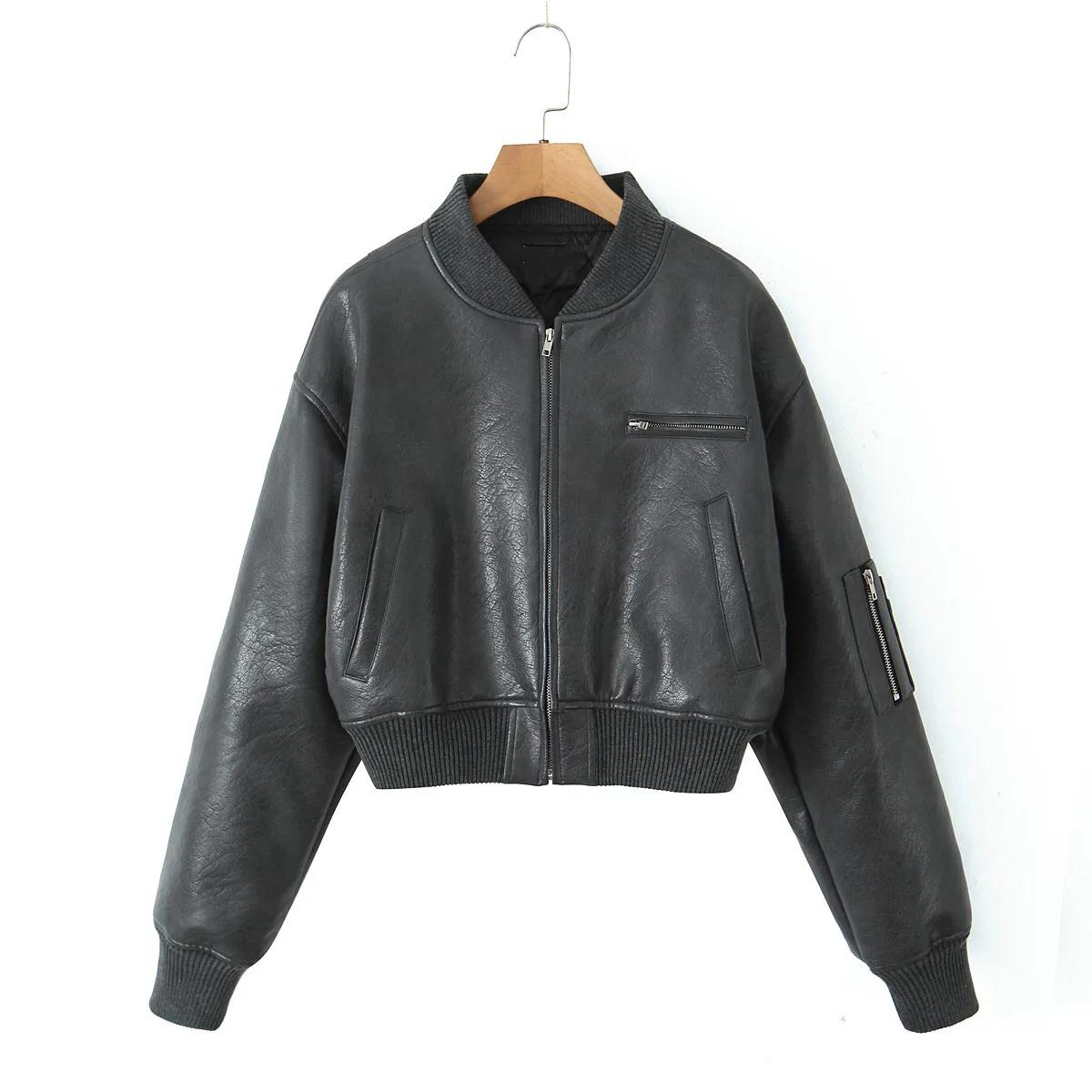 Y2K-Blouson en Cuir PU pour Femme, Col en V Côtelé, Manches sulf, Fermeture Éclair, Manteau Matelass