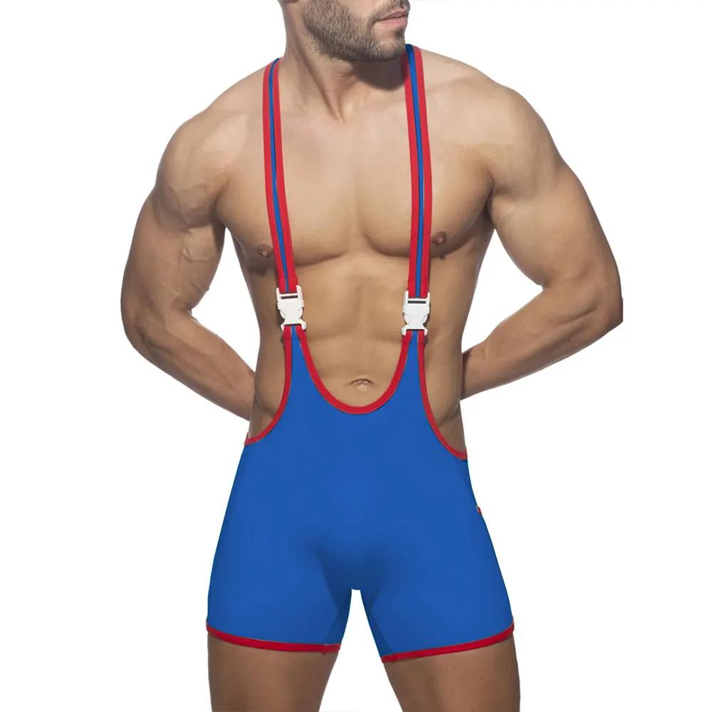 Sous-vêtements de body sexy à rayures arc-en-ciel pour hommes, slips de boxeur de lutte, combinaison