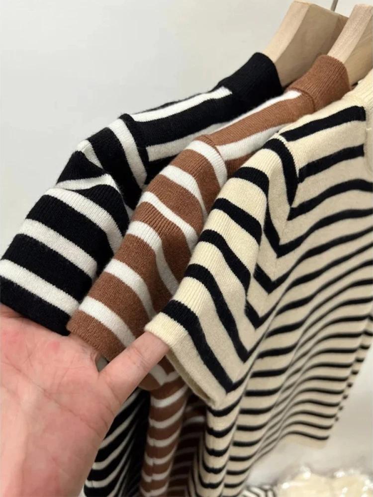Pull à col roulé rayé pour femme, haut ajusté, chemise à manches courtes, début du printemps et de l