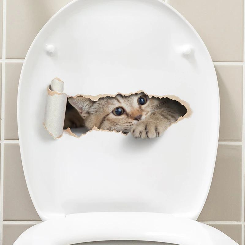 Autocollant de toilette chaton déchiré, effet 3D, pour siège de toilette de salle de bains, autocoll