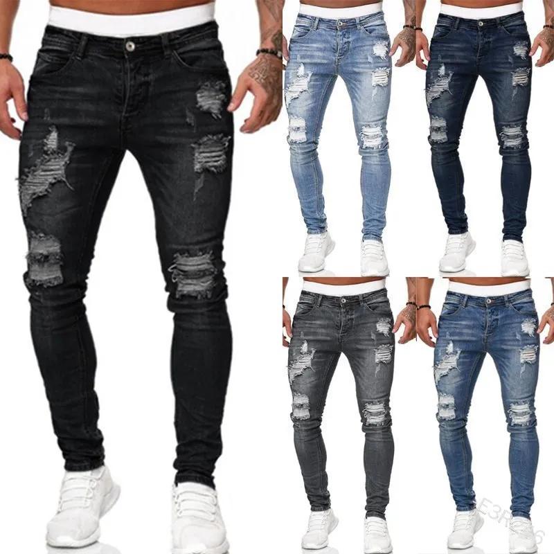 Mode Street Style déchiré Skinny Jeans hommes Vintage lavage solide Denim pantalon hommes décontract
