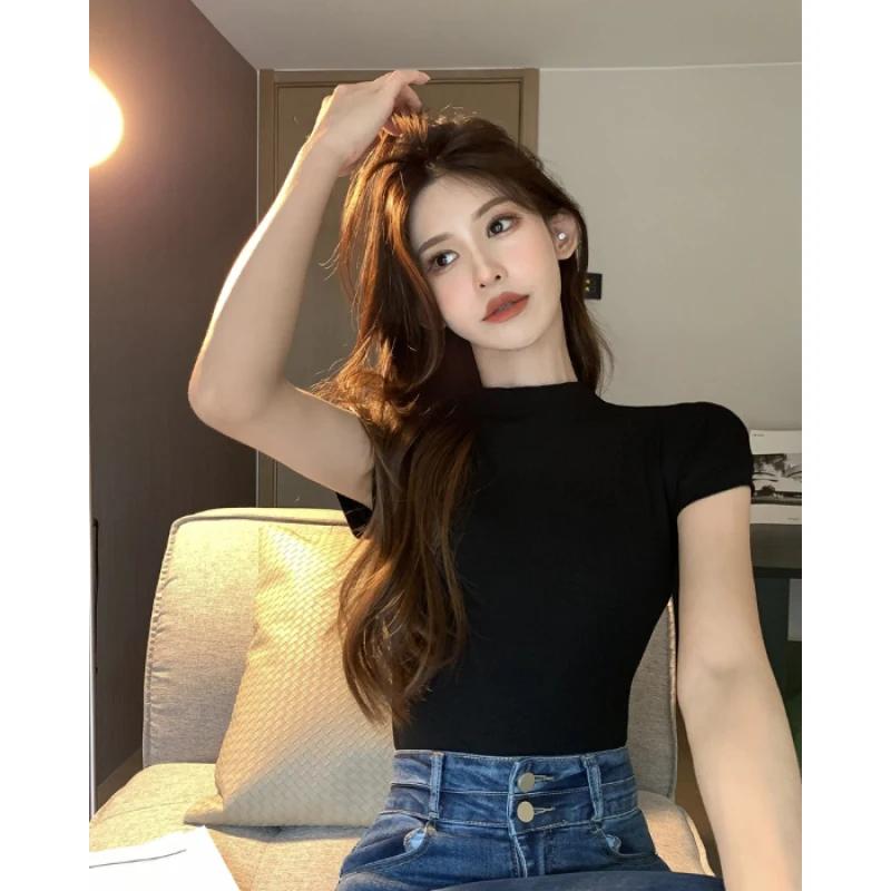 T-shirt manches courtes col ras du cou pour femme, haut court basique, mode coréenne, slim, été, Vin