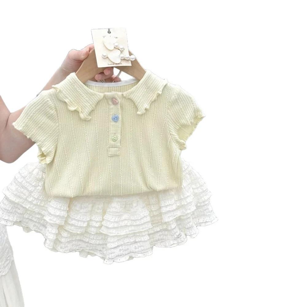 Nouvel ensemble d'été pour filles de 2 à 7 ans : haut polyvalent à col, dentelle et demi-manches bou