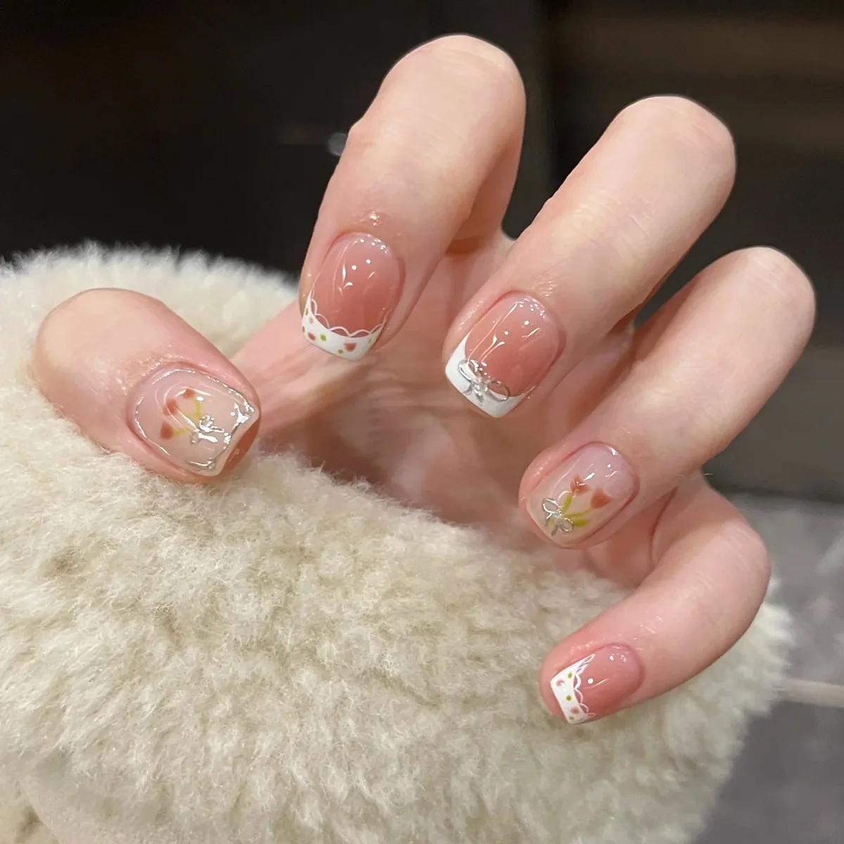 Faux ongles français détachables à pression courte, strass Y2k, avec colle, pour Ballet, doux et Coo