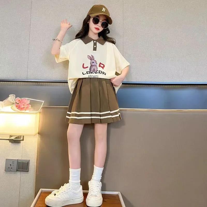 Ensemble de vêtements d'été pour adolescentes, t-shirt à revers et jupes plissées pour enfants, haut
