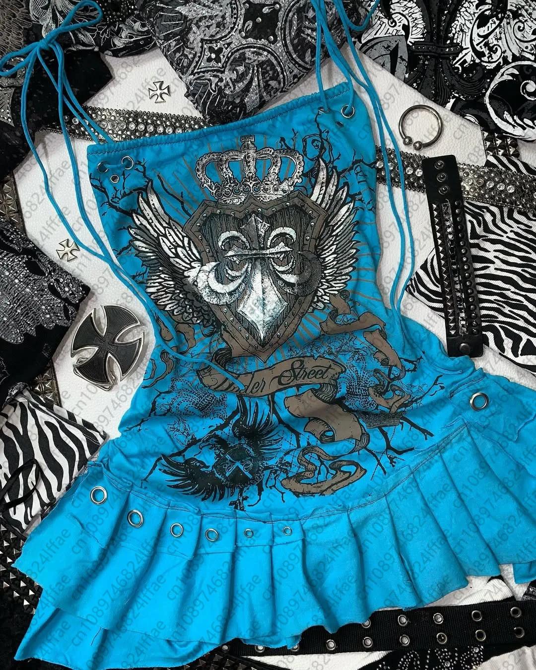 Bretelles esthétiques Y2k pour filles, vêtements Y2k, nœud gothique bleu, bas amincissant pour femme