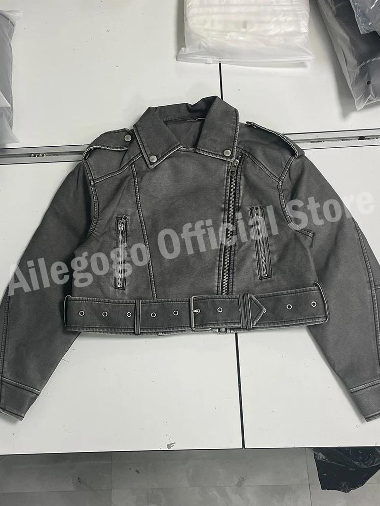 Ailegogo femmes Vintage ample lavé Faux cuir veste courte Streetwear femme fermeture éclair ceinture
