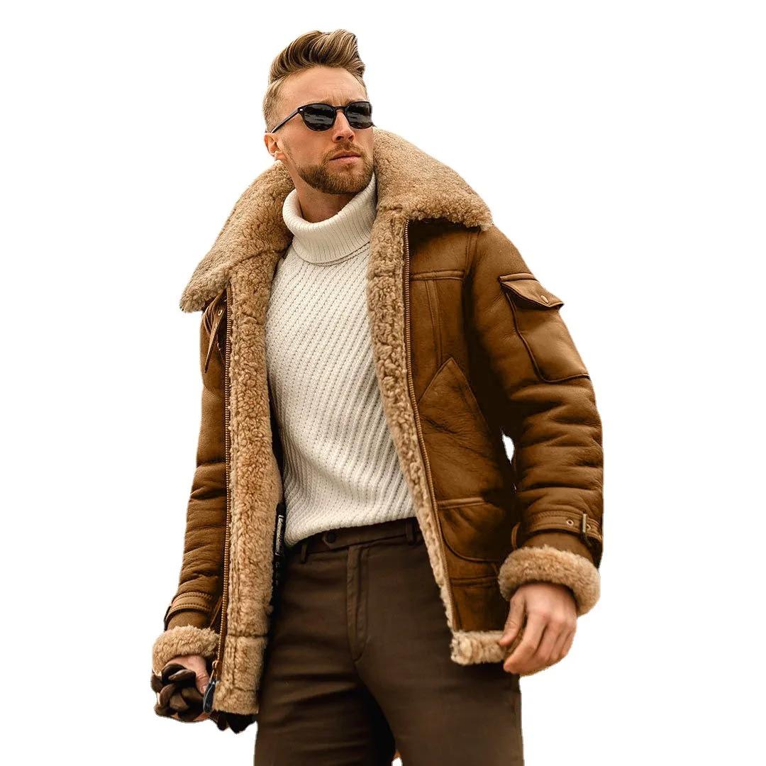 Veste d'hiver 2026 pour homme en peluche, style vintage, col rabattu, manteau cargo épais en polaire