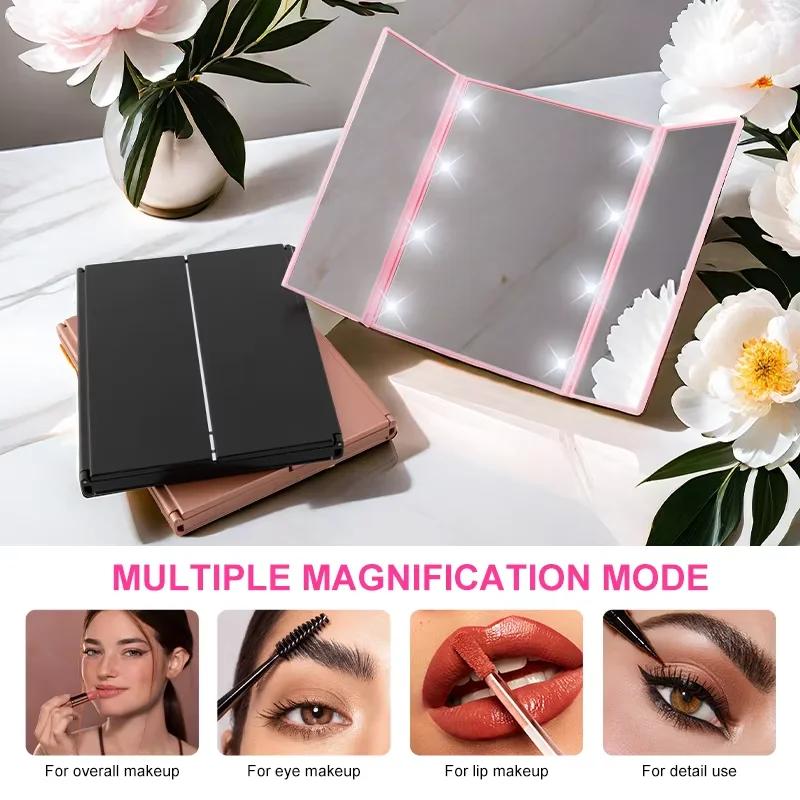 Miroir de maquillage Portable à trois côtés LED, Design pliable, miroir cosmétique de vanité de voya
