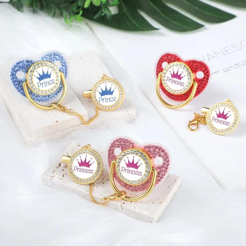 Clips de chaîne de sucette de bébé en strass de luxe avec couvercle, sucette couronne de princesse P