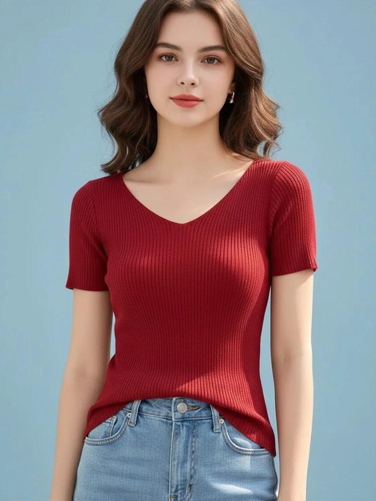 AOSSVIAO 2026 – Nouveau pull côtelé tricoté pour femme, col en V, uni, fin, moulant, à manches court