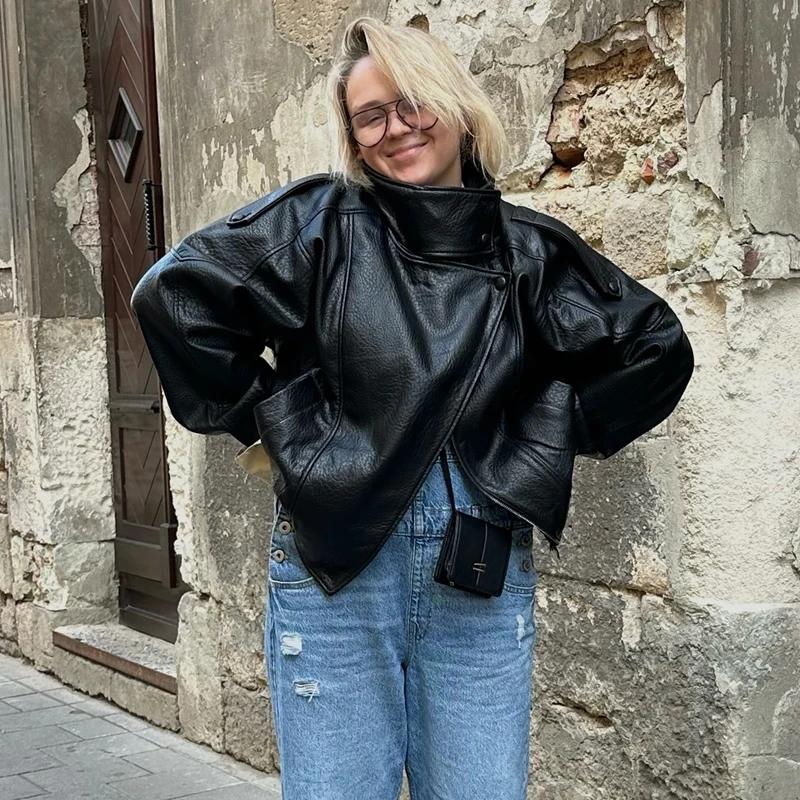 MUJER vestes en simili cuir noir pour femmes vêtements d'extérieur bureau femmes Bomber veste bouton