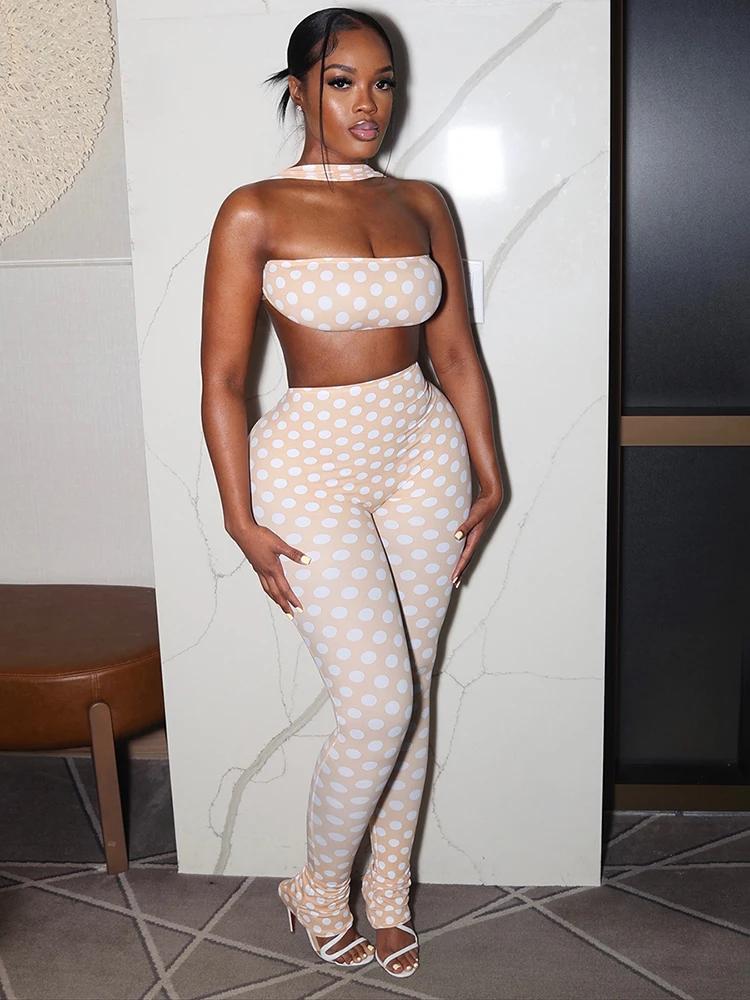 Kliou Sexy Mode 2 Pièce Ensemble Femme Polka Dot Imprimer Irrégulière Halter Dos Nu Débardeurs + Ski