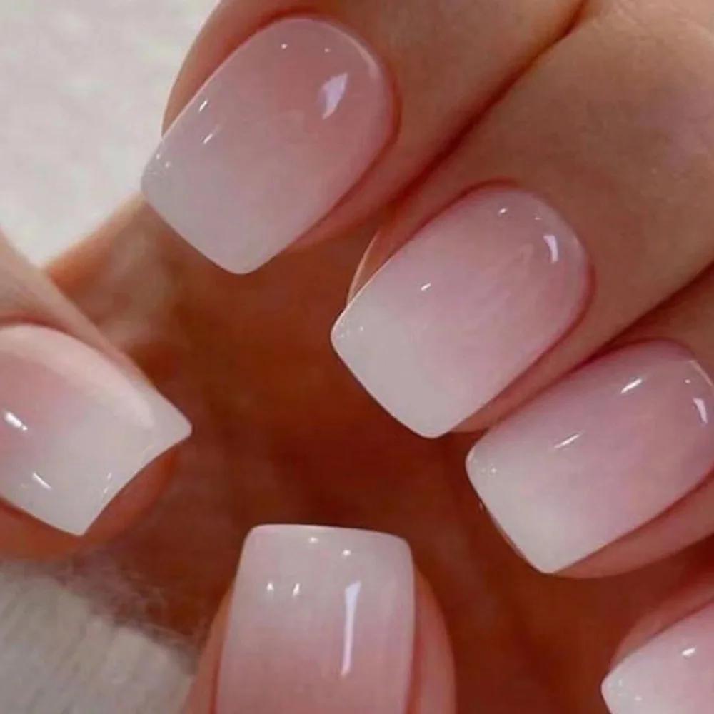 Faux ongles à tête carrée Simple, avec colle gelée, dégradé rose et blanc, presse française sur faux