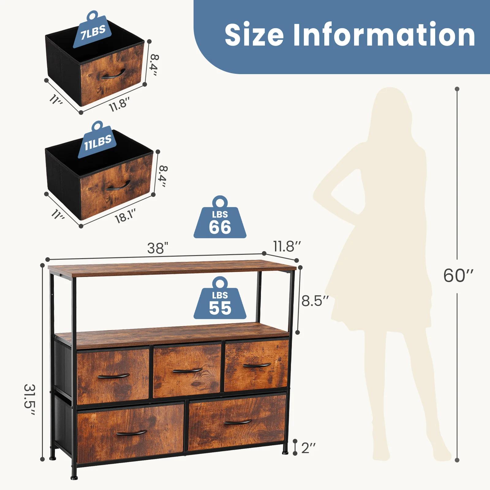 JHK cheminée meuble TV commode pour chambre à coucher avec 5 tiroirs en tissu placard de rangement p
