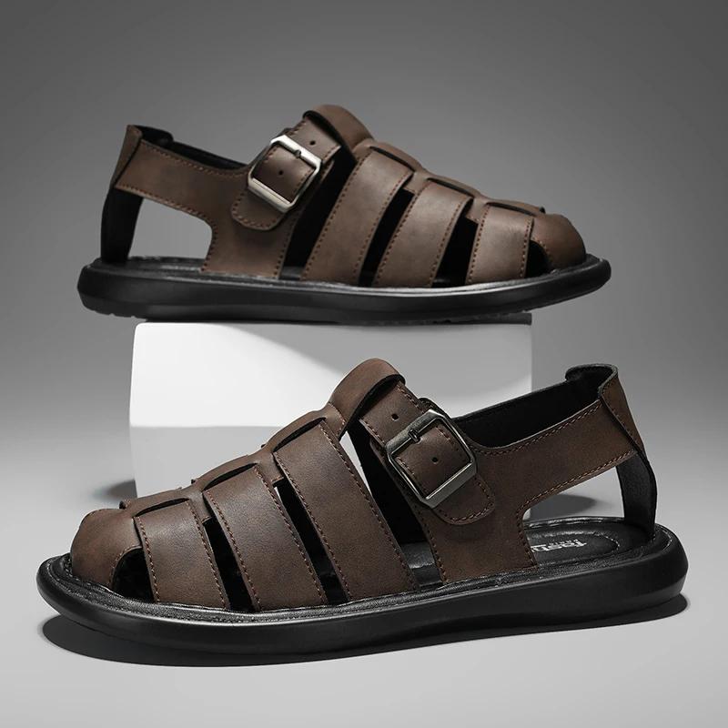 Sandales d'été en cuir de haute qualité pour hommes, chaussures romaines décontractées, chaussures d