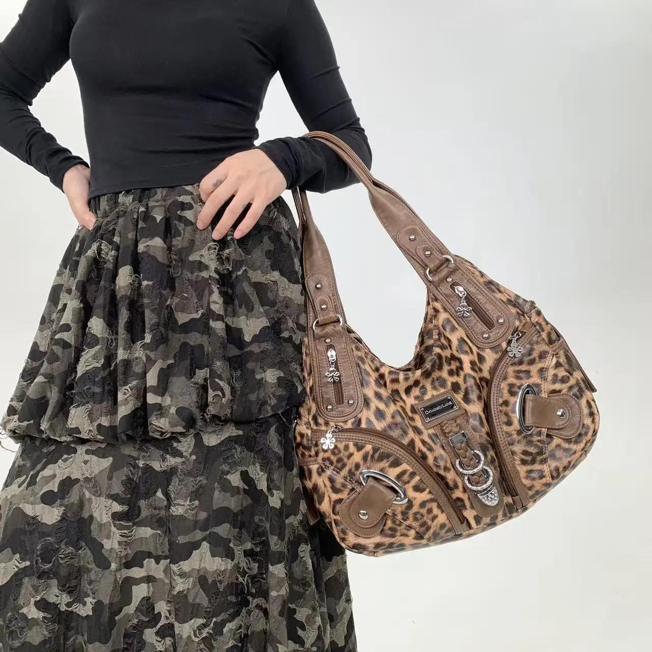 Y2K vintage hot girl personnalité sac à bandoulière imprimé léopard avec plusieurs compartiments, sa