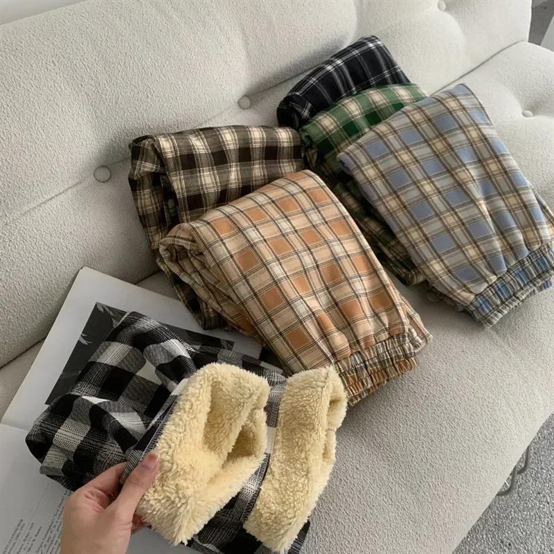 Mode chaud en peluche pantalon cachemire épais Plaid dames hiver décontracté ample pantalons à jambe