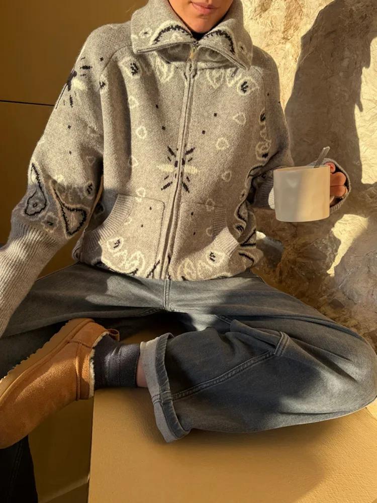 Cardigan Jacquard décontracté pour femmes, ample, col montant, poches zippées, pull assorti avec tou