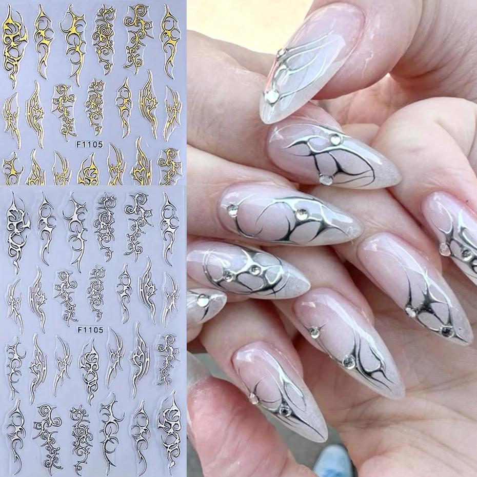 Autocollants métalliques chromés pour Nail Art, 2 pièces, Y2K Punk épines flamme Totem, modèles or a