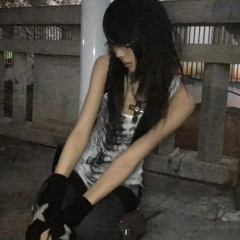 Karrcat Grunge Esthétique Tie Dye Débardeur Trashy 2000s Style Long Débardeur Japonais Y2k Haut Sans