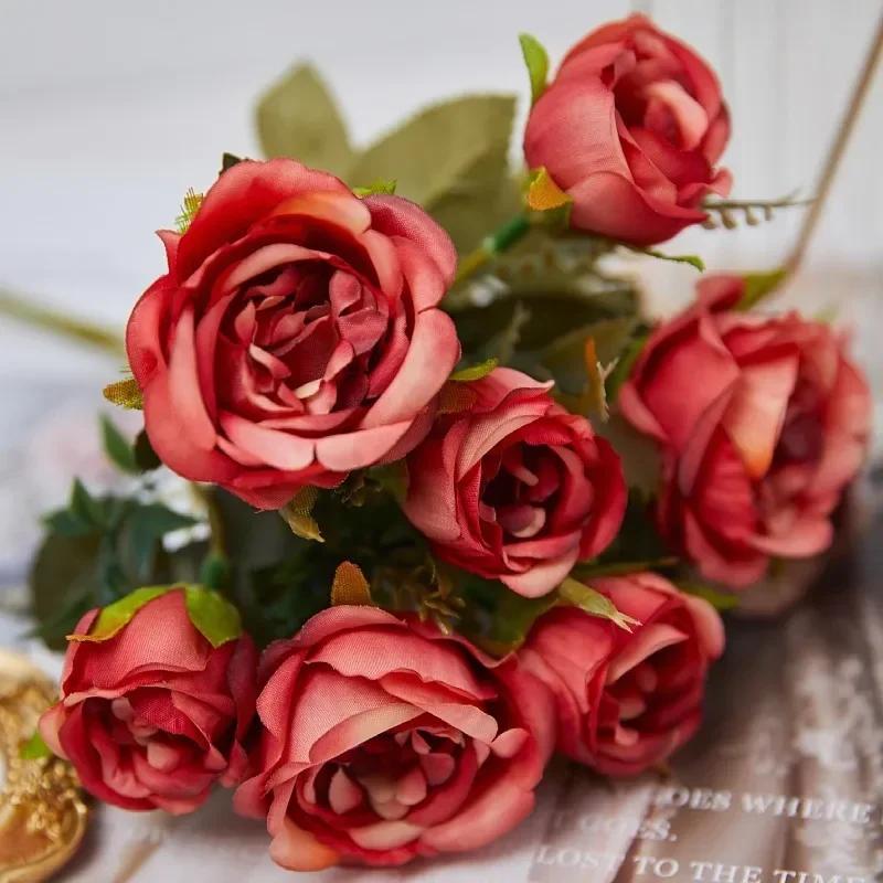 Vintage 8 têtes fleurs artificielles soies pivoine vert Rose pour décorations faux Fower mariage bur