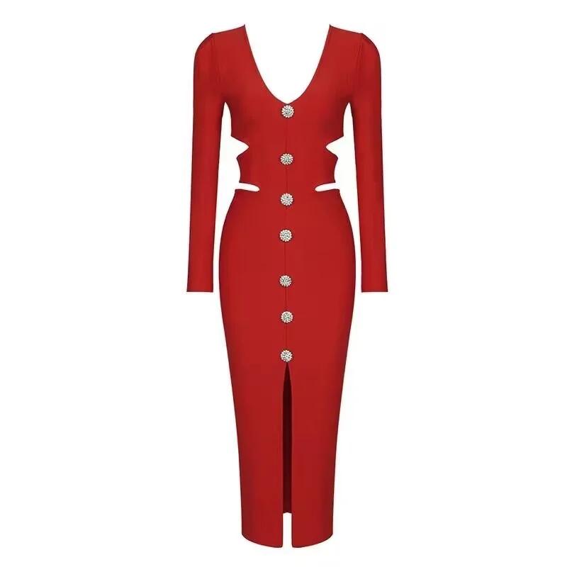 Robe mi-longue à bandes pour femmes, col en V, fendue, découpée, élégante, moulante, Sexy, mode, man