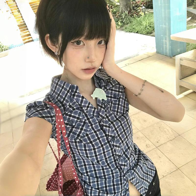 Karrram japonais Y2k chemise à carreaux Vintage Harajuku col en v Blouses mode coréenne femmes chemi