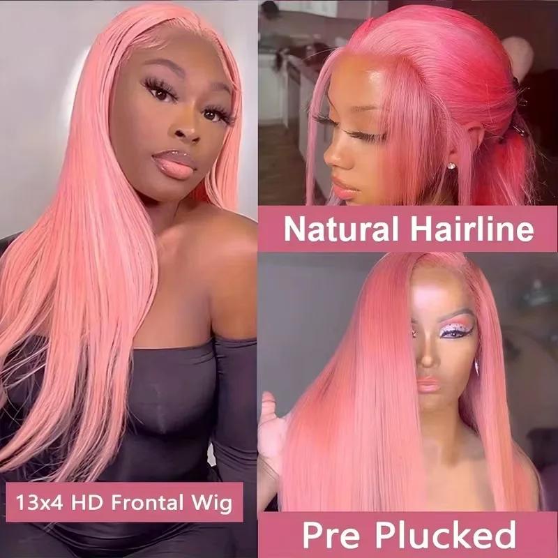 Perruques de cheveux humains droites roses 13X4 13X6 Hd perruques frontales en dentelle 32 36 pouces