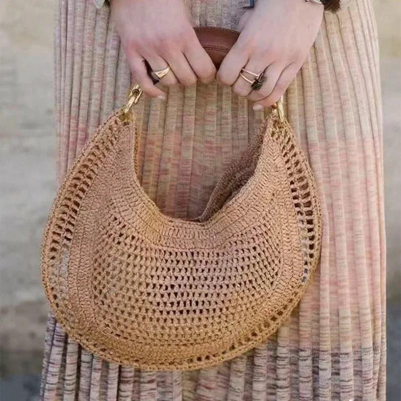 Sac à main de luxe en forme de croissant, tissé, au design ajouré élégant, sac sous le bras pour fem