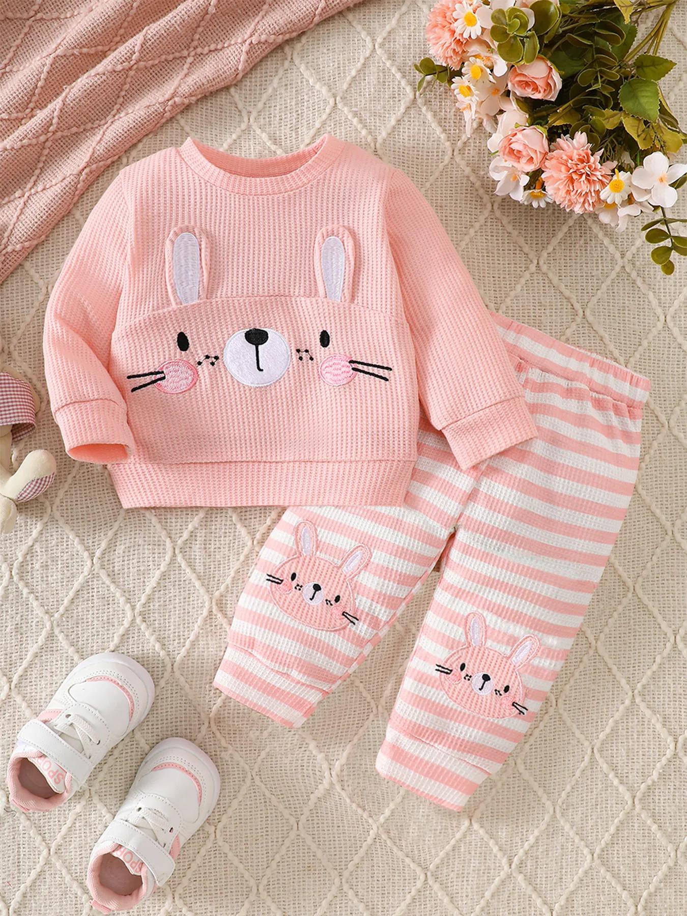 Broderie de lapin mignon pour bébés et tout-petits, sweat-shirt gaufré, pantalon de jogging rayé, en