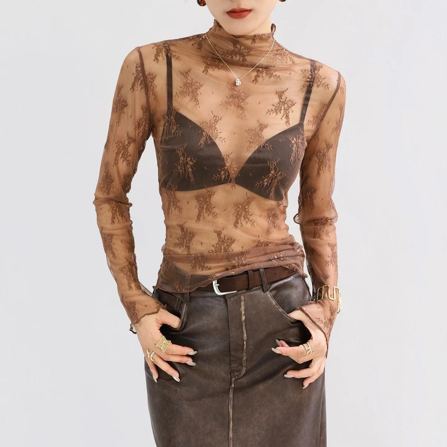 Femmes Sexy maille T-Shirts dentelle transparente Blouse à manches longues voir à travers les hauts 