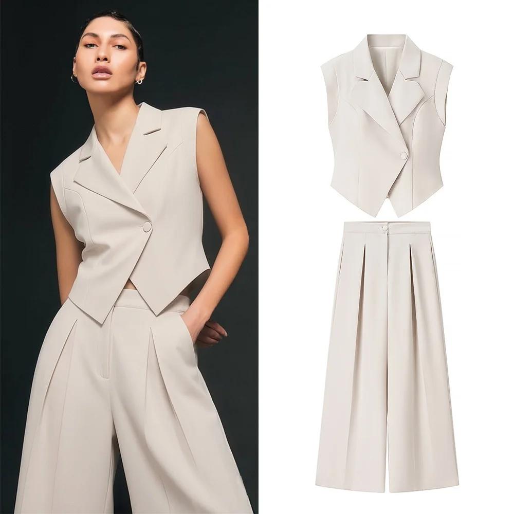 Ensemble tailleur chic 2 pièces pour femme : Gilet ajusté à col rabattu et pantalon long large à tai