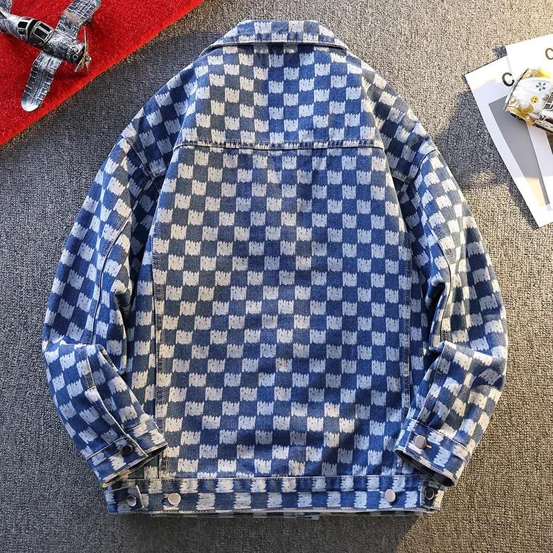 Vestes pour homme, tendance, surdimensionnées, à imprimé damier, en denim, style streetwear décontra