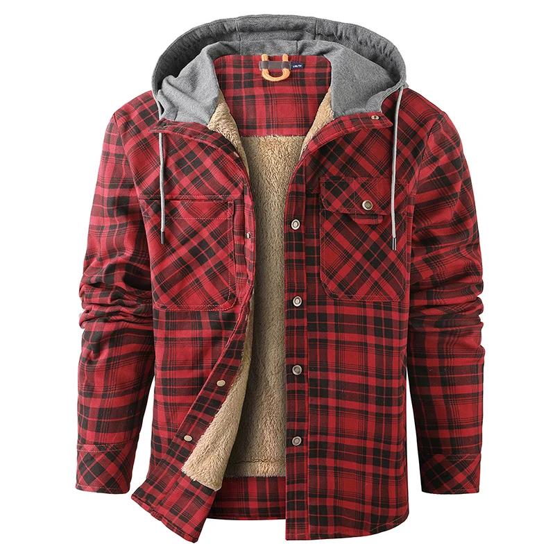 Hiver hommes Plaid polaire chemises manteaux hommes à capuche chemises décontractées homme Sport ext