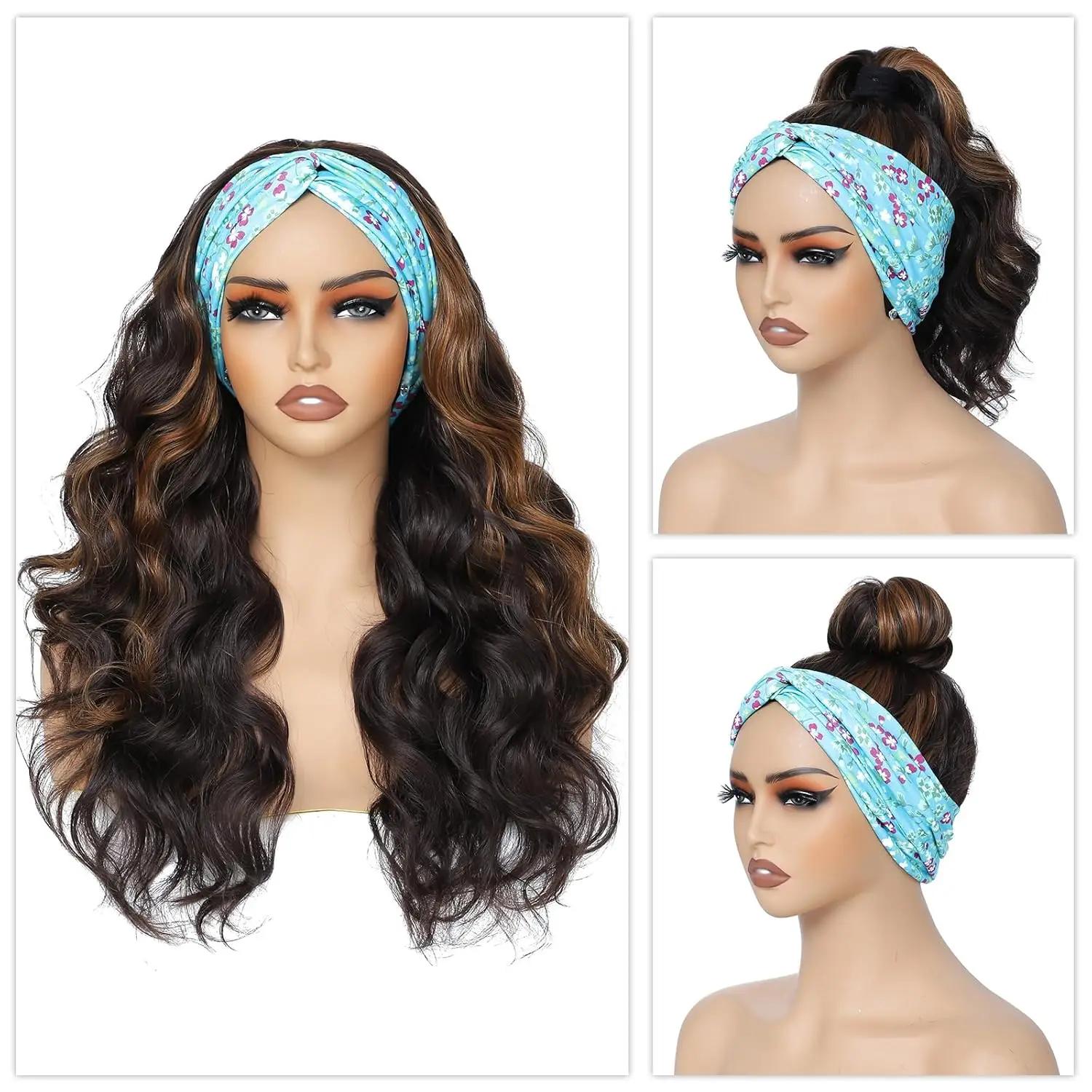 Perruque bandeau synthétique ondulée longue pour femmes, perruques noires avec reflets blonds bruns,