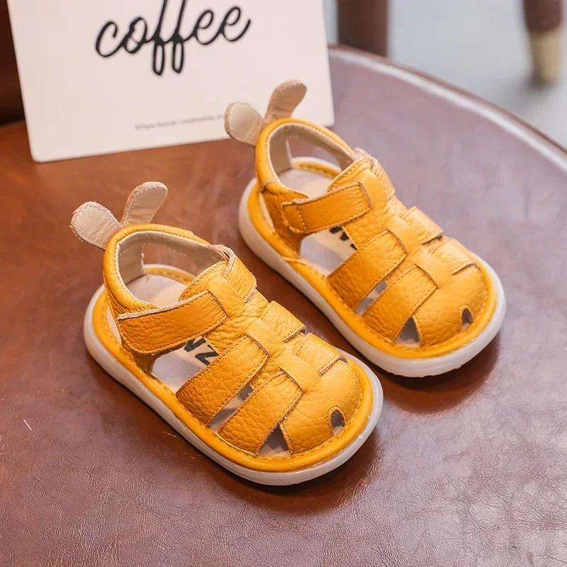 Sandales d'été anti-collision en cuir véritable pour bébé fille et garçon, chaussures de plage soupl