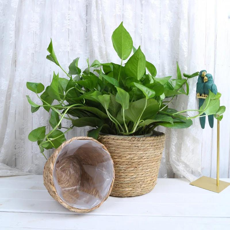 Pot de plantes à fleurs tissées en paille, panier de jardinière d'herbe, couverture de Pot de fleurs