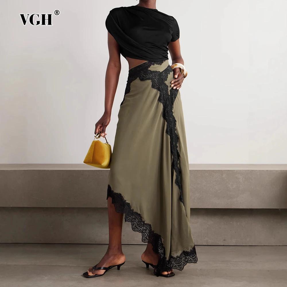 VGH Hit couleur Patchwork dentelle femmes robe col rond manches courtes taille haute décontracté Sex