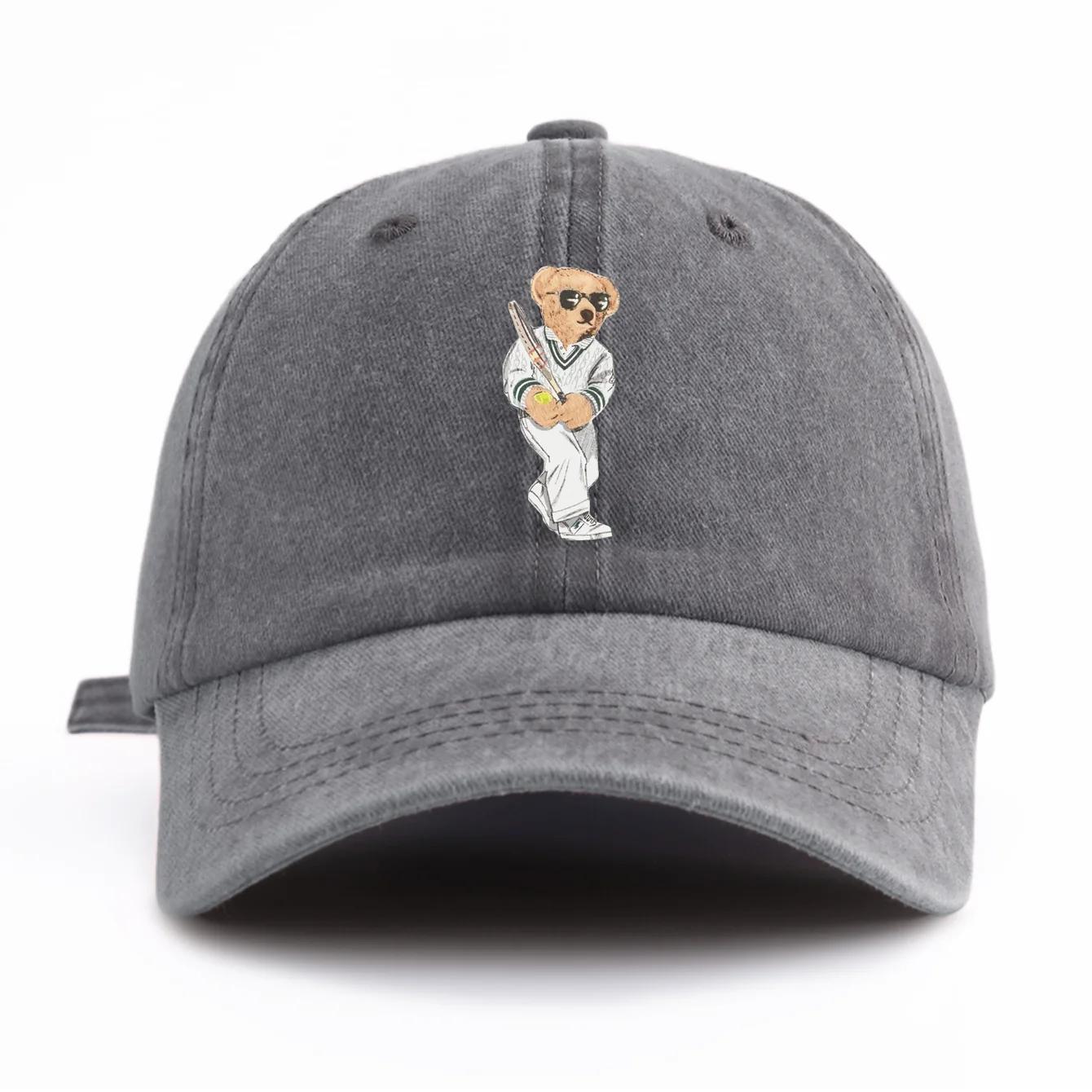 Casquette de baseball délavée à imprimé ours pour adultes, chapeau de papa réglable et doux, style r