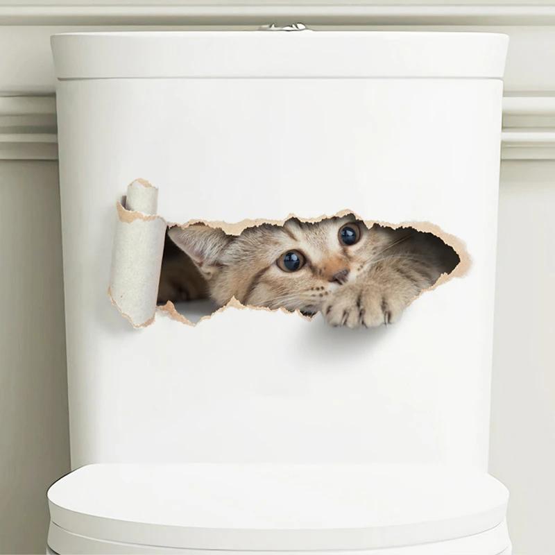 Autocollant de toilette chaton déchiré, effet 3D, pour siège de toilette de salle de bains, autocoll