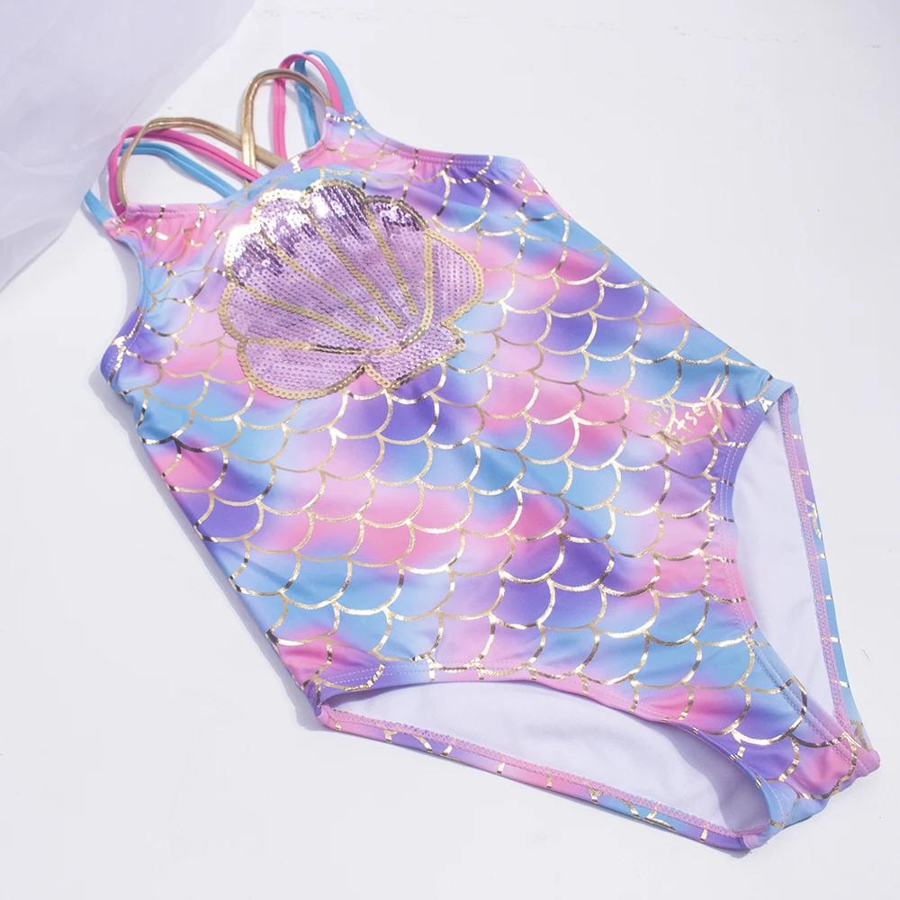 Maillot de bain une pièce pour filles et enfants, motif écailles de poisson, broderie en forme de co