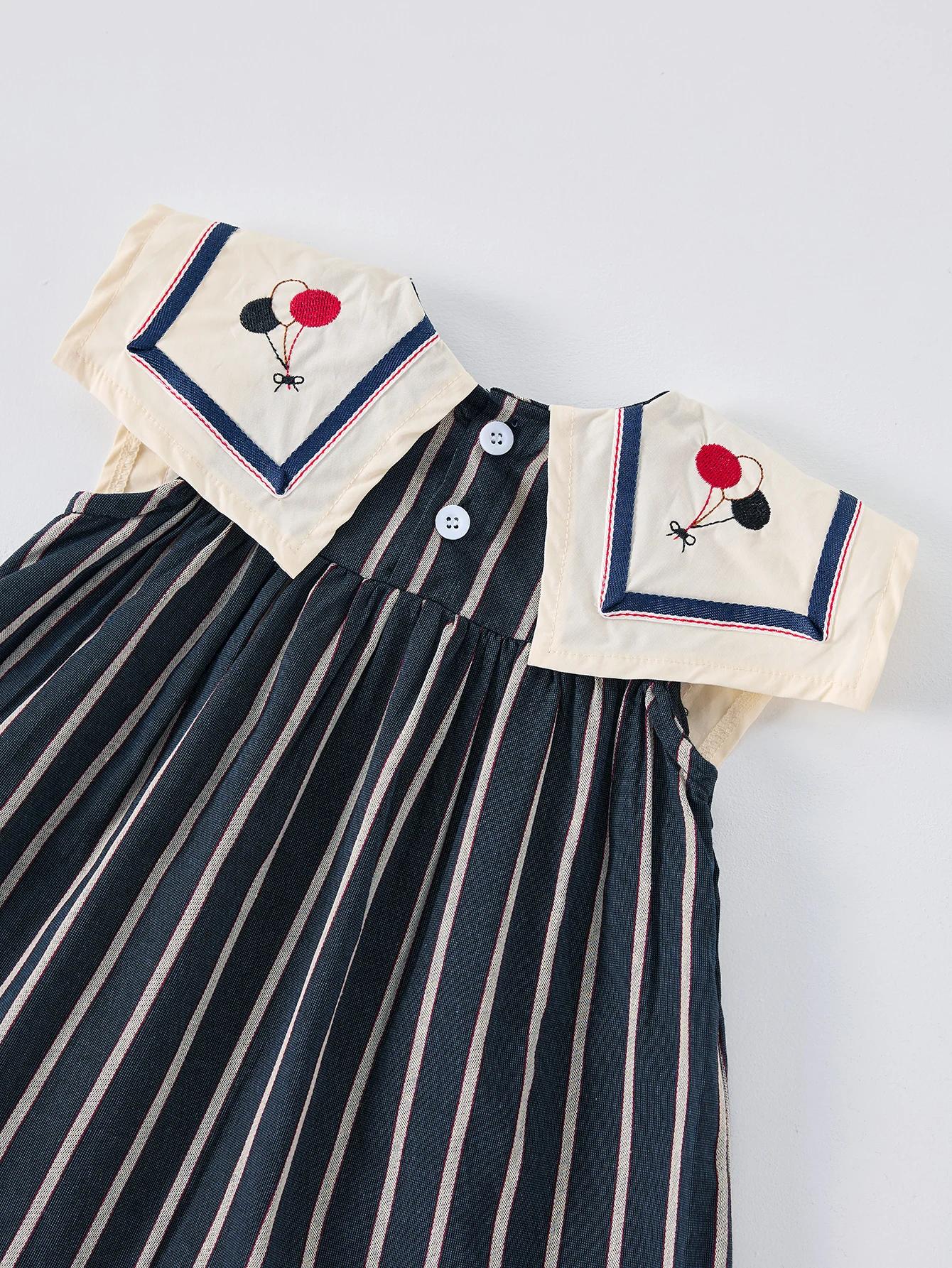 Robe d'été décontractée pour filles, jupe rayée à grand revers, sans manches, brodée