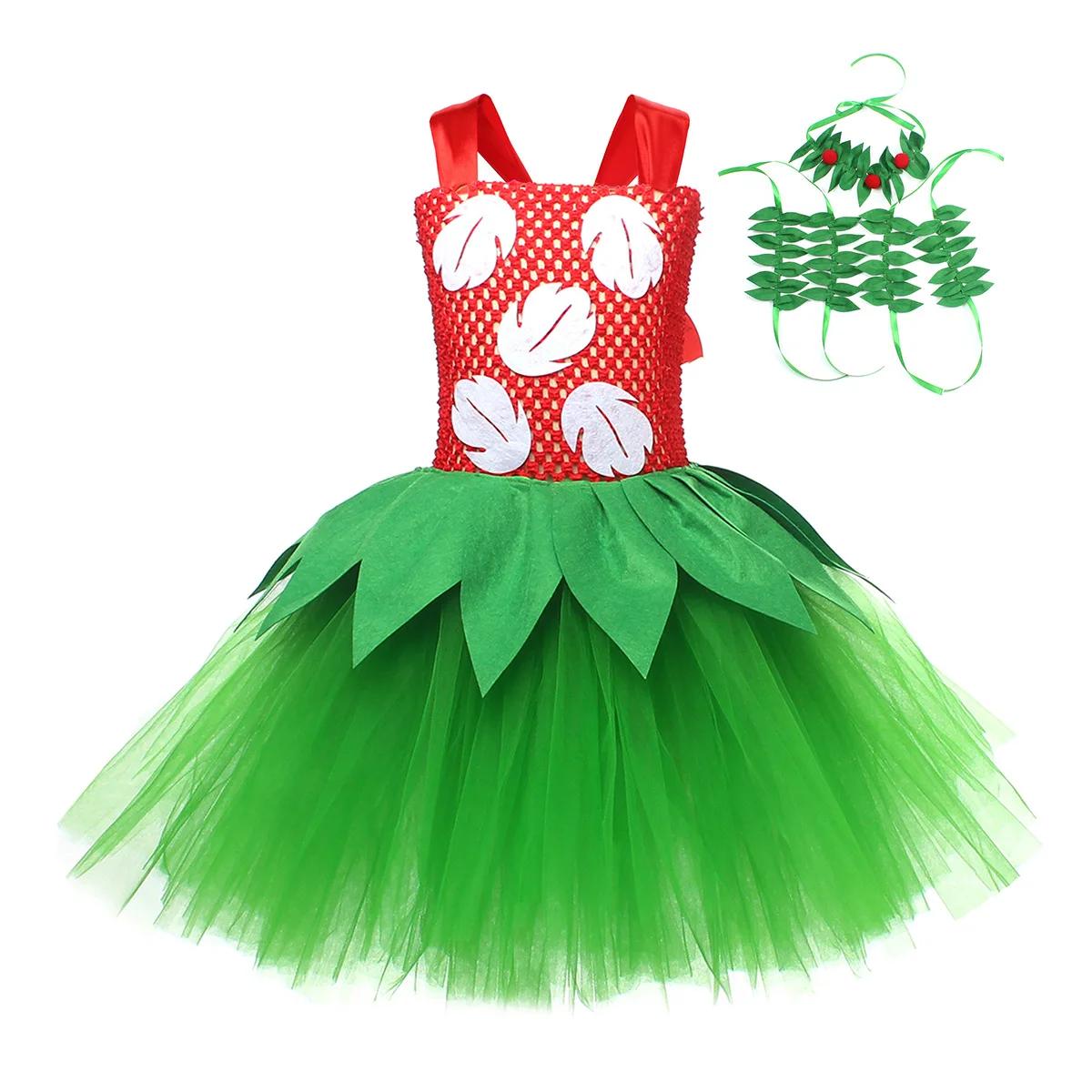 Costume d'Halloween pour filles, robe de fête hawaïenne à fleurs rouges et vertes avec couronne, ten