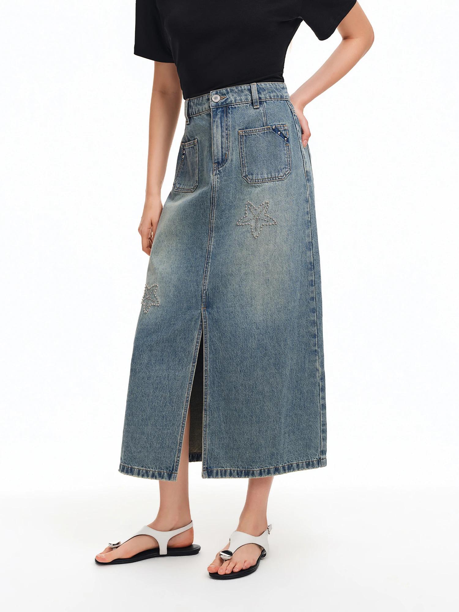 DUSHU 2026 Nouvelle Jupe Midi en Jean Brodé Étoile de Mer pour Femme, Jupe Longue Vintage Coupe Trap