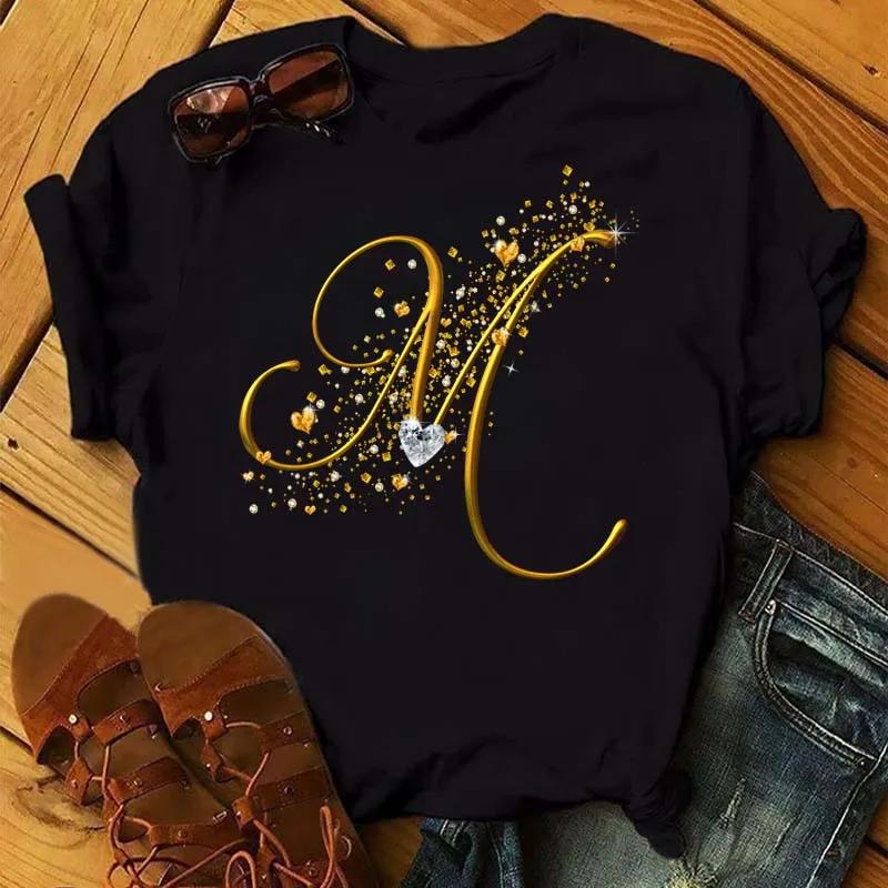 T-shirt à manches courtes personnalisé pour femme, lettre de nom BLOFashion, police de lettre d'or d