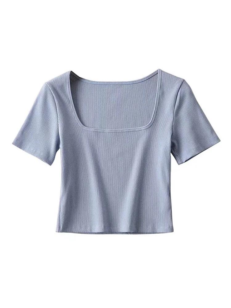T-shirt court côtelé à col carré pour femmes, haut court à manches courtes
