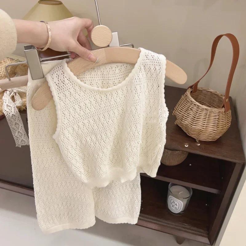 Ensemble de vêtements d'été pour filles, tricoté fin coréen, gilet ajouré et respirant + pantalon à 